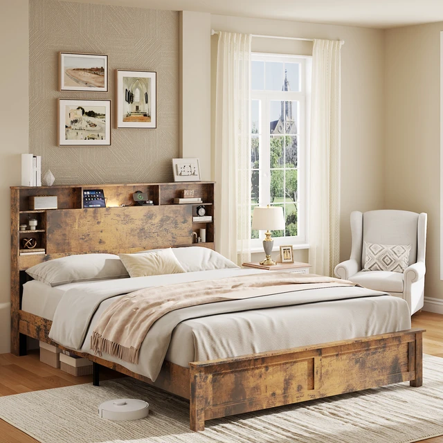 Alt view image 2 of 7 - Wood Queen Bed Frame with Storage Headboard - Bed Frame QUEEN Size with Charging Station & LED Lights, Wood Bedframe Queen-Size with Bookcase, Platform Beds, No Box Spring Needed, Dark Brown