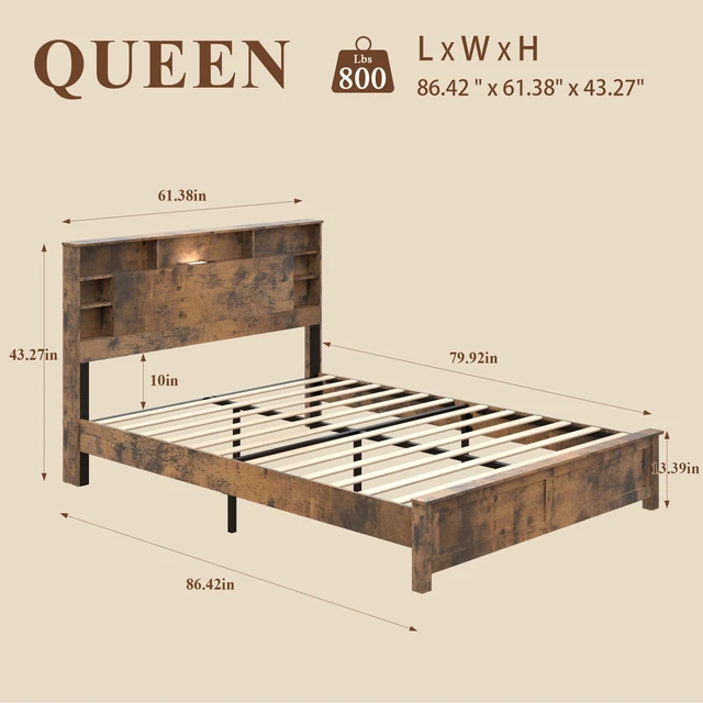 Alt view image 4 of 7 - Wood Queen Bed Frame with Storage Headboard - Bed Frame QUEEN Size with Charging Station & LED Lights, Wood Bedframe Queen-Size with Bookcase, Platform Beds, No Box Spring Needed, Dark Brown