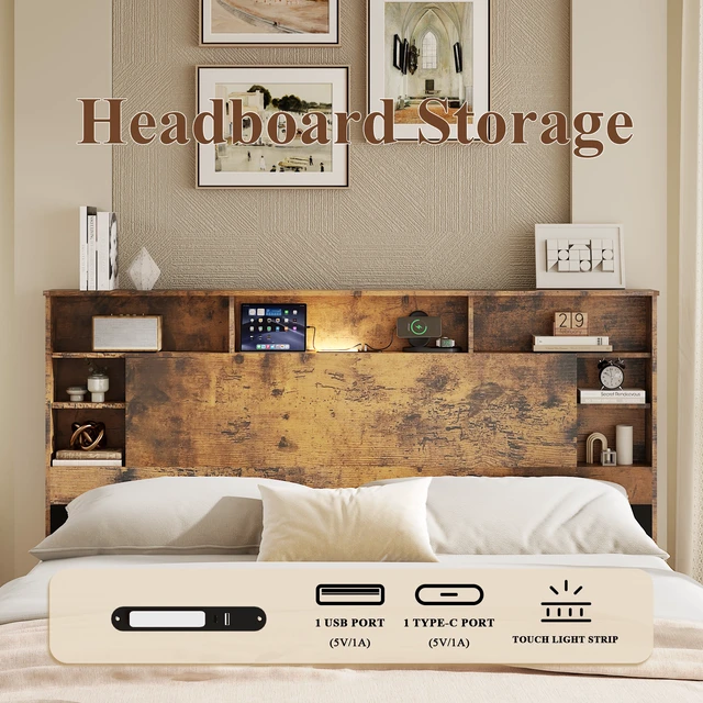 Alt view image 3 of 7 - Wood Queen Bed Frame with Storage Headboard - Bed Frame QUEEN Size with Charging Station & LED Lights, Wood Bedframe Queen-Size with Bookcase, Platform Beds, No Box Spring Needed, Dark Brown