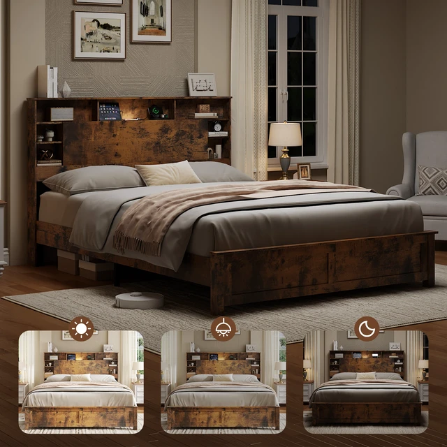 Alt view image 5 of 7 - Wood Queen Bed Frame with Storage Headboard - Bed Frame QUEEN Size with Charging Station & LED Lights, Wood Bedframe Queen-Size with Bookcase, Platform Beds, No Box Spring Needed, Dark Brown