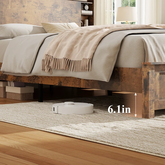 Alt view image 6 of 7 - Wood Queen Bed Frame with Storage Headboard - Bed Frame QUEEN Size with Charging Station & LED Lights, Wood Bedframe Queen-Size with Bookcase, Platform Beds, No Box Spring Needed, Dark Brown