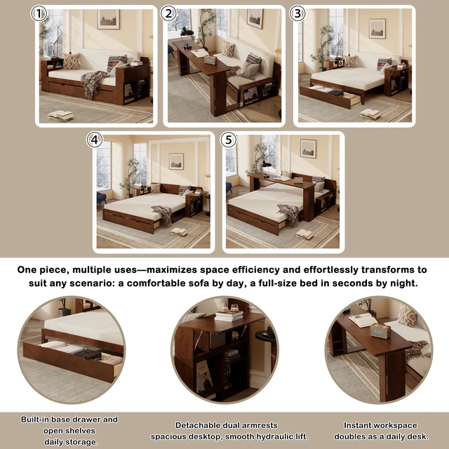 Alt view image 6 of 7 - Queen Size Daybed with Removable Desk, Storage Drawers & Hydraulic Side Table, Espresso