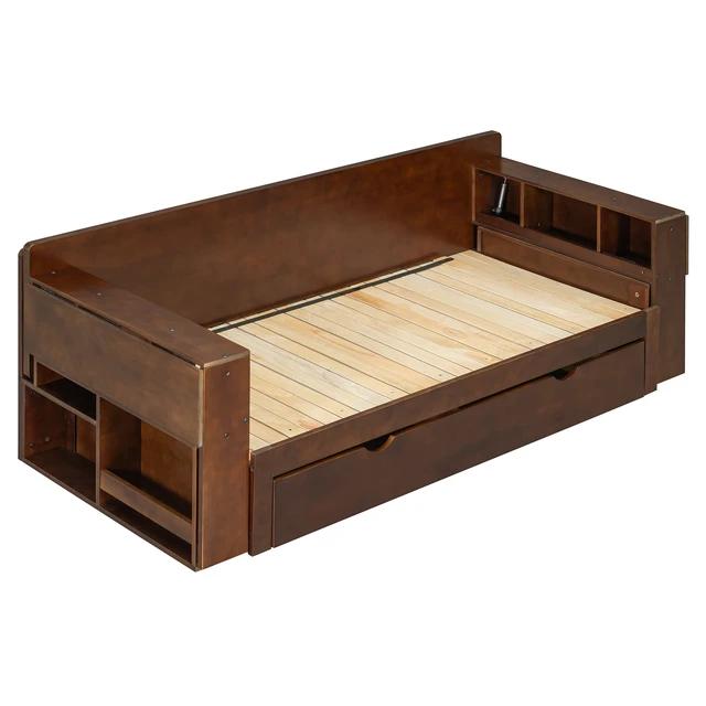 Alt view image 7 of 7 - Queen Size Daybed with Removable Desk, Storage Drawers & Hydraulic Side Table, Espresso