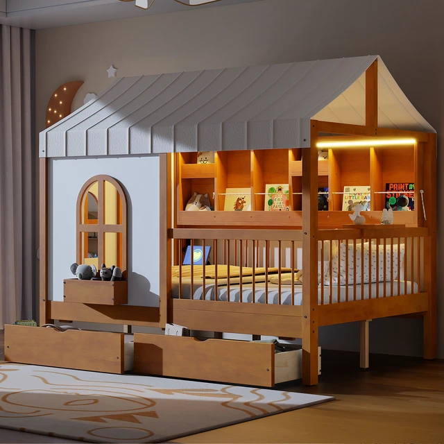 Alt view image 2 of 7 - Full Size House Bed with 2 Large Drawers, Side Bookshelf with LED Strip, Walnut