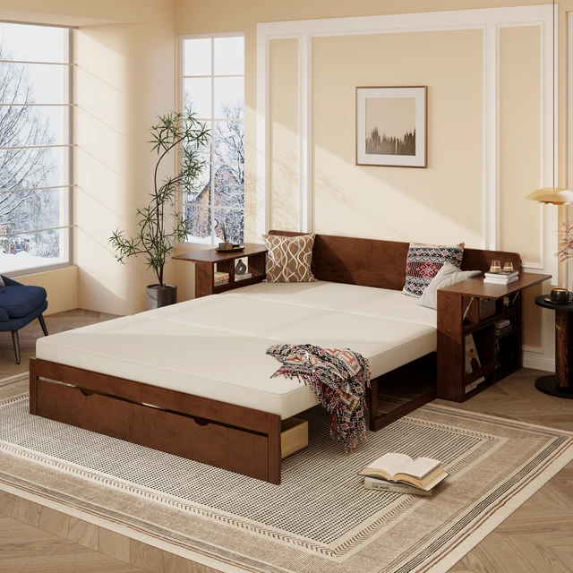 Alt view image 5 of 7 - Queen Size Daybed with Removable Desk, Storage Drawers & Hydraulic Side Table, Espresso