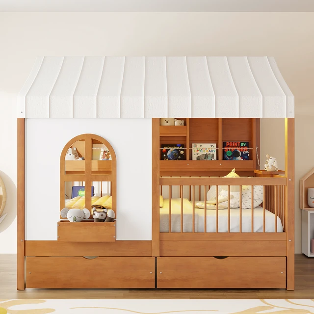 Alt view image 3 of 7 - Full Size House Bed with 2 Large Drawers, Side Bookshelf with LED Strip, Walnut