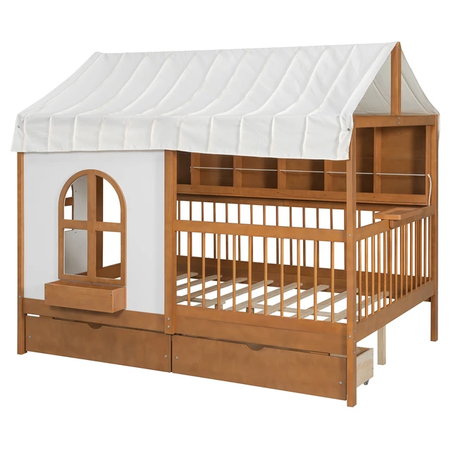 Alt view image 6 of 7 - Full Size House Bed with 2 Large Drawers, Side Bookshelf with LED Strip, Walnut