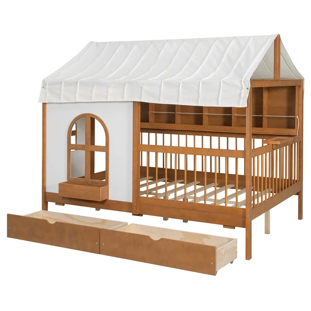 Alt view image 7 of 7 - Full Size House Bed with 2 Large Drawers, Side Bookshelf with LED Strip, Walnut