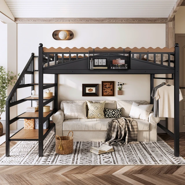 Alt view image 4 of 7 - Queen Size Loft Bed with Storage Stairs, Metal Loft Beds Frame with Storage Shelves and bookshelf, Loft Bed for Bedroom, Guest, Dorms, Black