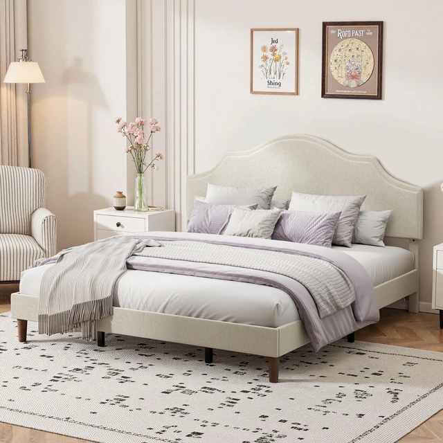 Main image of King Size Bed Frame Upholstered Platform Bed with Adjustable Headboard,Linen Fabric Padded,Modern Simple Style Platform Bed No Box Spring Needed, Easy Assembly, Beige