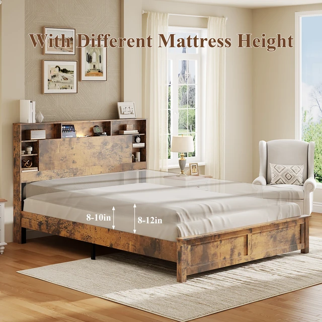 Alt view image 7 of 7 - Wood Queen Bed Frame with Storage Headboard - Bed Frame QUEEN Size with Charging Station & LED Lights, Wood Bedframe Queen-Size with Bookcase, Platform Beds, No Box Spring Needed, Dark Brown