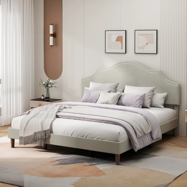 Alt view image 3 of 6 - King Size Bed Frame Upholstered Platform Bed with Adjustable Headboard,Linen Fabric Padded,Modern Simple Style Platform Bed No Box Spring Needed, Easy Assembly, Beige