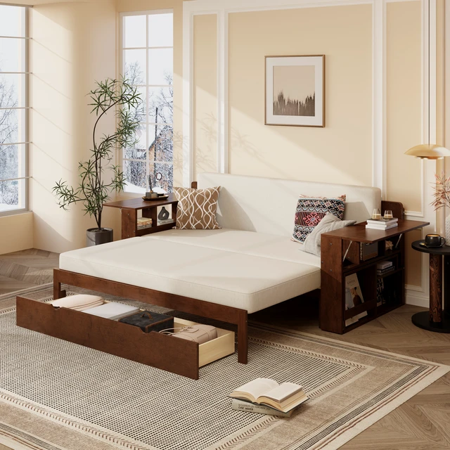 Alt view image 4 of 7 - Queen Size Daybed with Removable Desk, Storage Drawers & Hydraulic Side Table, Espresso
