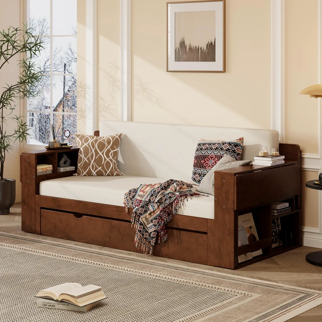 Main image of Queen Size Daybed with Removable Desk, Storage Drawers & Hydraulic Side Table, Espresso