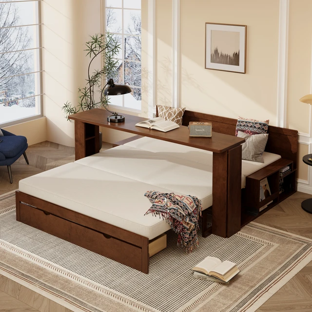 Alt view image 3 of 7 - Queen Size Daybed with Removable Desk, Storage Drawers & Hydraulic Side Table, Espresso