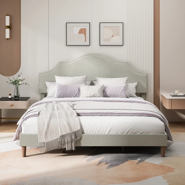 Alt view image 2 of 6 - King Size Bed Frame Upholstered Platform Bed with Adjustable Headboard,Linen Fabric Padded,Modern Simple Style Platform Bed No Box Spring Needed, Easy Assembly, Beige