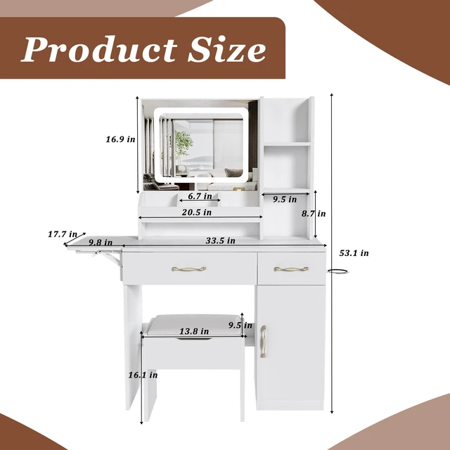 Alt view image 4 of 7 - Vanity Desk with LED Mirror Lights and Power Outlet Charging Station, Makeup Dressing Table with 3 Drawers, 7 Shelves and Storage Stool, for Girls and Women (White)