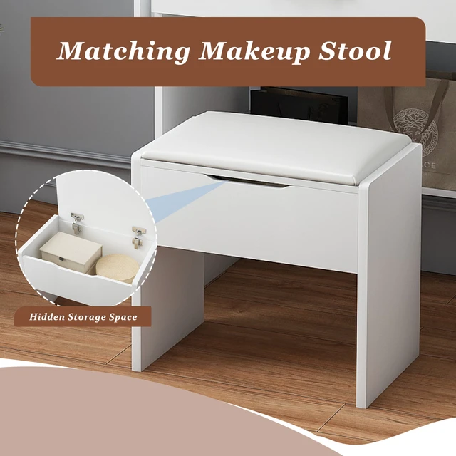 Alt view image 5 of 7 - Vanity Desk with LED Mirror Lights and Power Outlet Charging Station, Makeup Dressing Table with 3 Drawers, 7 Shelves and Storage Stool, for Girls and Women (White)