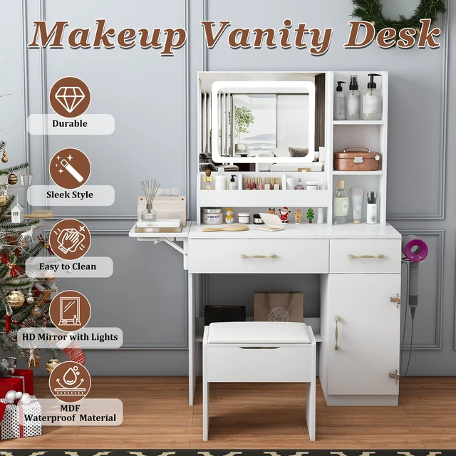 Alt view image 2 of 7 - Vanity Desk with LED Mirror Lights and Power Outlet Charging Station, Makeup Dressing Table with 3 Drawers, 7 Shelves and Storage Stool, for Girls and Women (White)