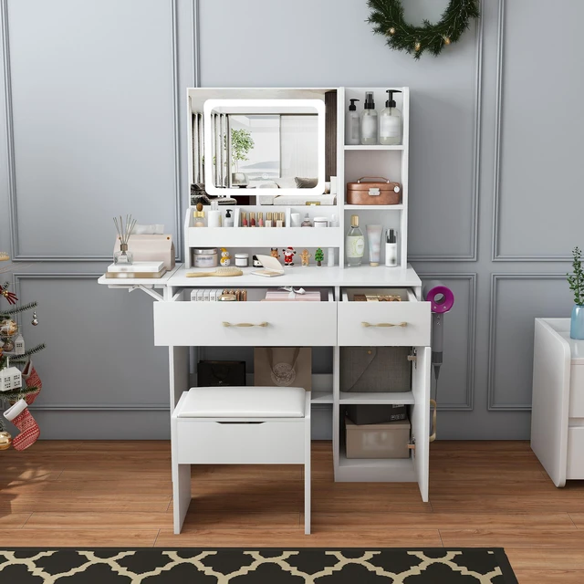 Main image of Vanity Desk with LED Mirror Lights and Power Outlet Charging Station, Makeup Dressing Table with 3 Drawers, 7 Shelves and Storage Stool, for Girls and Women (White)