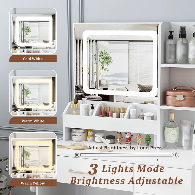 Alt view image 3 of 7 - Vanity Desk with LED Mirror Lights and Power Outlet Charging Station, Makeup Dressing Table with 3 Drawers, 7 Shelves and Storage Stool, for Girls and Women (White)