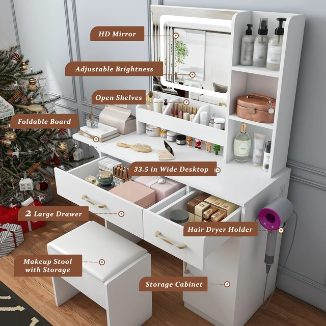 Alt view image 7 of 7 - Vanity Desk with LED Mirror Lights and Power Outlet Charging Station, Makeup Dressing Table with 3 Drawers, 7 Shelves and Storage Stool, for Girls and Women (White)
