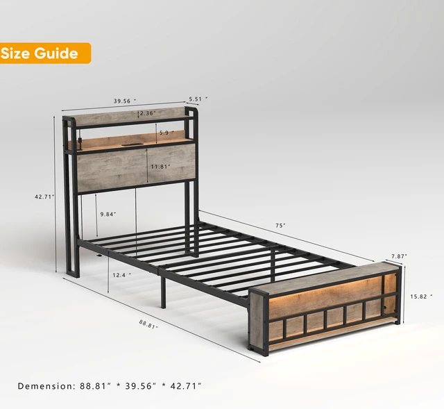 Alt view image 5 of 7 - Twin Bed Frames , Headboard and Charging Station & LED Light for Bedroom, Solid and Stable, Noise Free, No Box Spring Needed, Easy Assembly