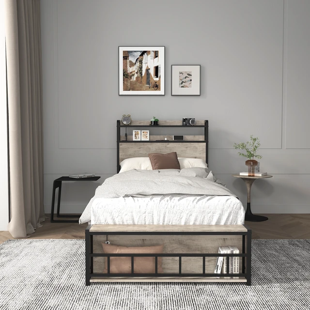 Alt view image 4 of 7 - Twin Bed Frames , Headboard and Charging Station & LED Light for Bedroom, Solid and Stable, Noise Free, No Box Spring Needed, Easy Assembly