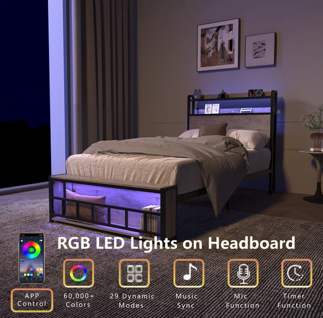 Alt view image 3 of 7 - Twin Bed Frames , Headboard and Charging Station & LED Light for Bedroom, Solid and Stable, Noise Free, No Box Spring Needed, Easy Assembly