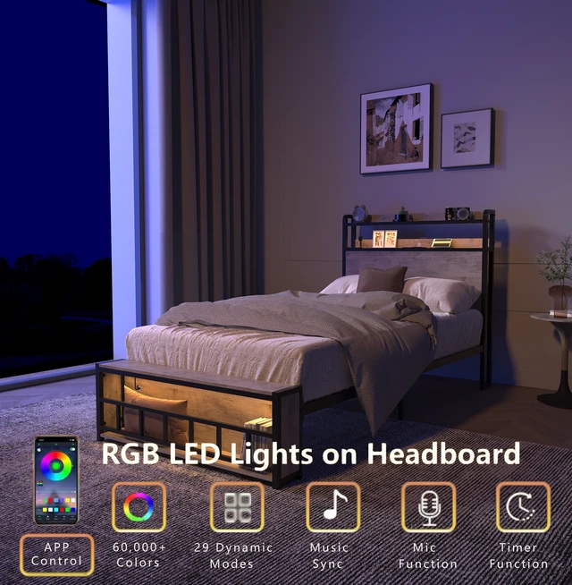 Alt view image 2 of 7 - Twin Bed Frames , Headboard and Charging Station & LED Light for Bedroom, Solid and Stable, Noise Free, No Box Spring Needed, Easy Assembly