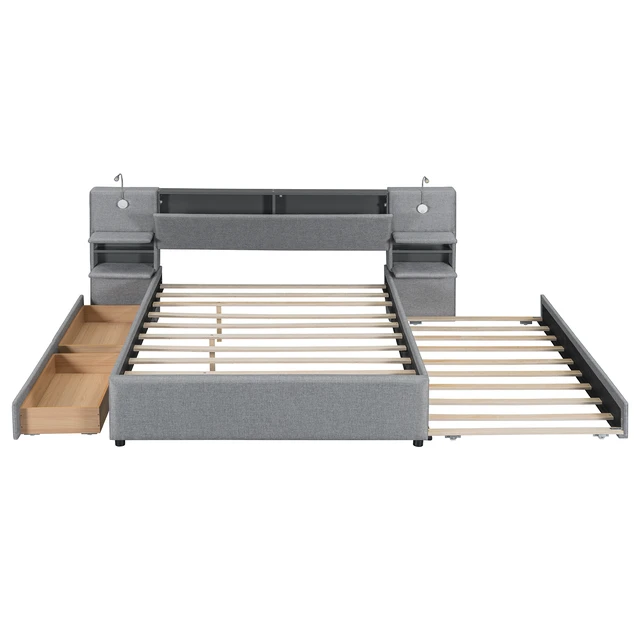Alt view image 3 of 7 - Queen Size Upholstered Platform Bed with Reading Lights, Drawers, Trundle and Shelves, Gray