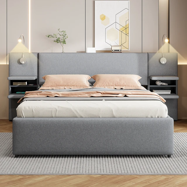 Alt view image 2 of 7 - Queen Size Upholstered Platform Bed with Reading Lights, Drawers, Trundle and Shelves, Gray