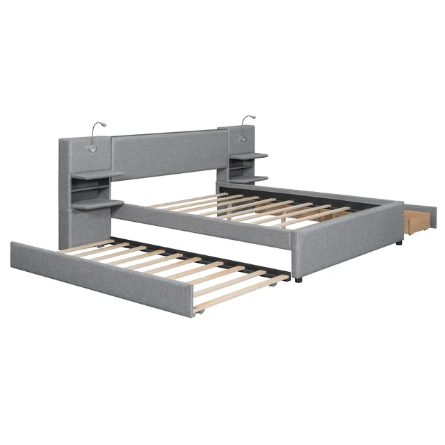 Alt view image 4 of 7 - Queen Size Upholstered Platform Bed with Reading Lights, Drawers, Trundle and Shelves, Gray