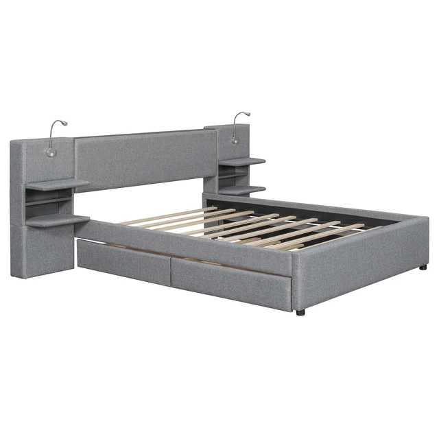 Alt view image 7 of 7 - Queen Size Upholstered Platform Bed with Reading Lights, Drawers, Trundle and Shelves, Gray