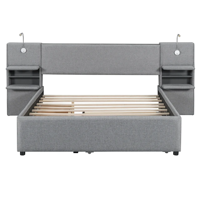 Alt view image 5 of 7 - Queen Size Upholstered Platform Bed with Reading Lights, Drawers, Trundle and Shelves, Gray