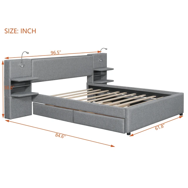 Alt view image 6 of 7 - Queen Size Upholstered Platform Bed with Reading Lights, Drawers, Trundle and Shelves, Gray