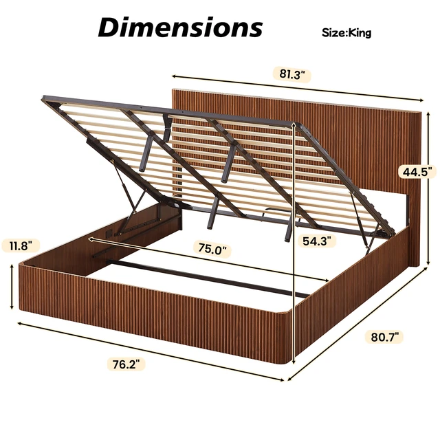 Alt view image 5 of 5 - King Size Lift Up Storage Bed Frame, Wooden corrugated curved lines, Hydraulic Storage/No Box Spring Needed, Walnut.