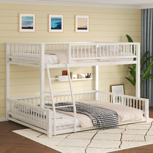 Main image of Full XL over Queen Floor Bunk Bed Frame with Ladder and Safety Guardrails, Easy Assemble, White