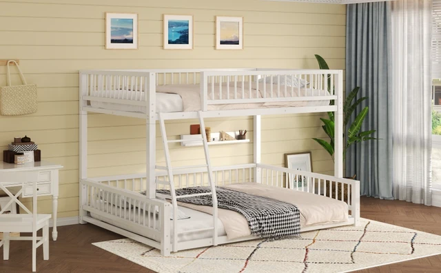 Alt view image 3 of 7 - Full XL over Queen Floor Bunk Bed Frame with Ladder and Safety Guardrails, Easy Assemble, White