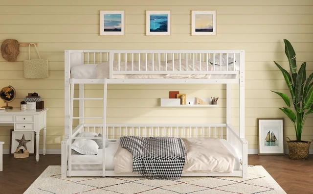 Alt view image 4 of 7 - Full XL over Queen Floor Bunk Bed Frame with Ladder and Safety Guardrails, Easy Assemble, White
