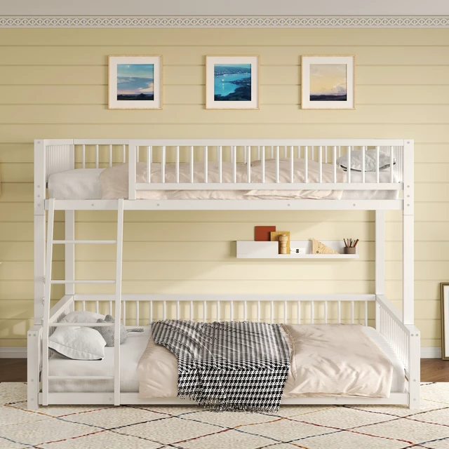 Alt view image 2 of 7 - Full XL over Queen Floor Bunk Bed Frame with Ladder and Safety Guardrails, Easy Assemble, White