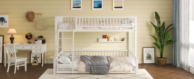 Alt view image 5 of 7 - Full XL over Queen Floor Bunk Bed Frame with Ladder and Safety Guardrails, Easy Assemble, White