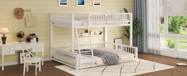 Alt view image 6 of 7 - Full XL over Queen Floor Bunk Bed Frame with Ladder and Safety Guardrails, Easy Assemble, White