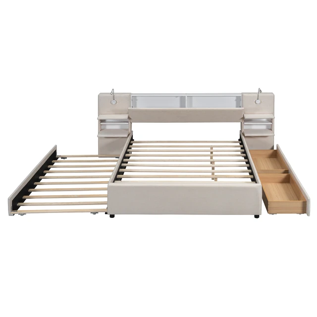 Alt view image 4 of 7 - Queen Size Upholstered Platform Bed with Reading Lights, Drawers, Trundle and Shelves, Beige