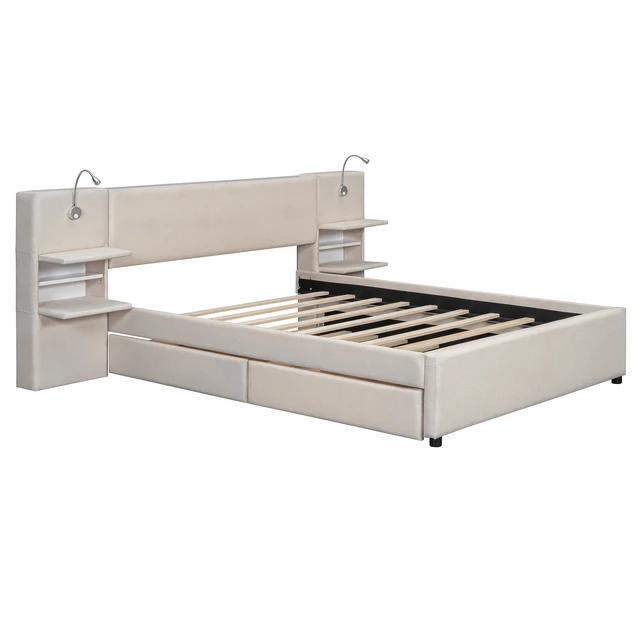 Alt view image 3 of 7 - Queen Size Upholstered Platform Bed with Reading Lights, Drawers, Trundle and Shelves, Beige