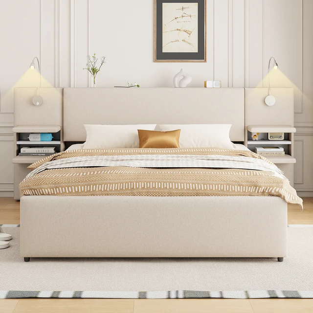 Alt view image 2 of 7 - Queen Size Upholstered Platform Bed with Reading Lights, Drawers, Trundle and Shelves, Beige