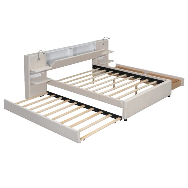 Alt view image 5 of 7 - Queen Size Upholstered Platform Bed with Reading Lights, Drawers, Trundle and Shelves, Beige