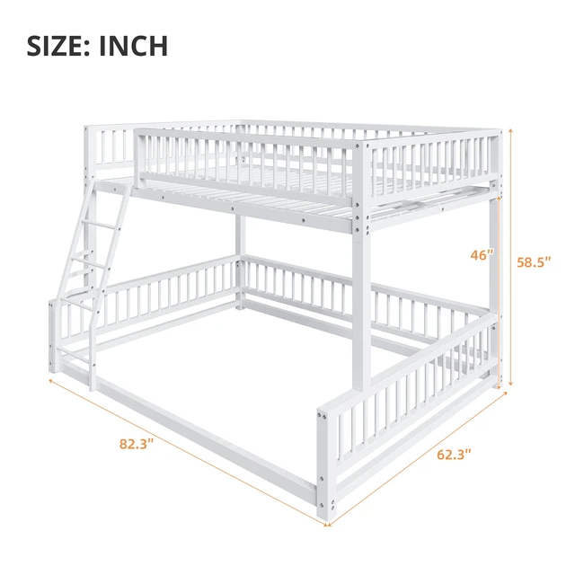 Alt view image 7 of 7 - Full XL over Queen Floor Bunk Bed Frame with Ladder and Safety Guardrails, Easy Assemble, White