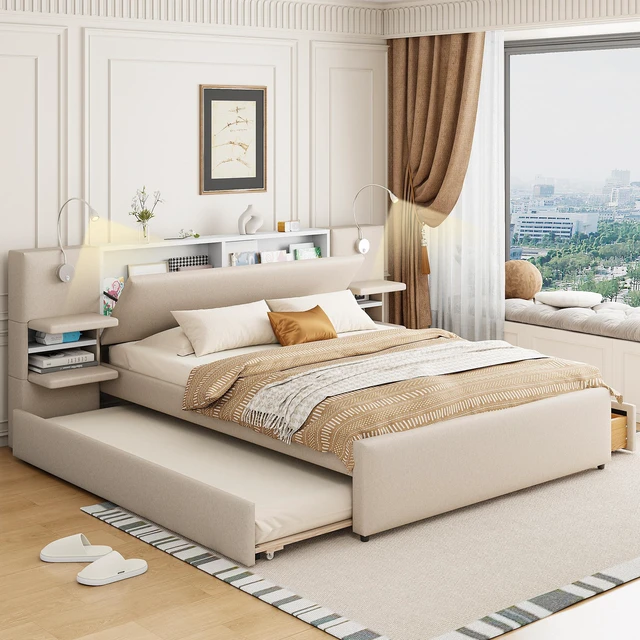 Main image of Queen Size Upholstered Platform Bed with Reading Lights, Drawers, Trundle and Shelves, Beige
