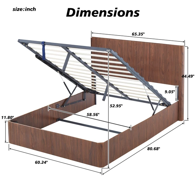 Alt view image 3 of 6 - Queen Size Lift Up Storage Bed Frame, Wooden corrugated curved lines, Hydraulic Storage/No Box Spring Needed, Walnut.